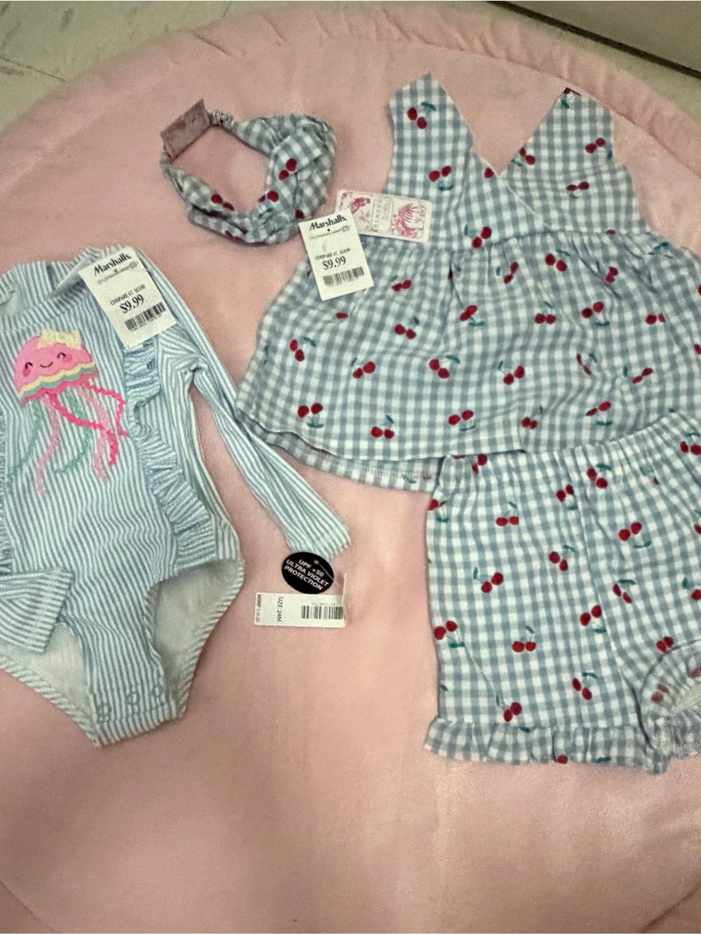Marshalls Blue and White Striped Baby Romper with Pink Cloud Applique